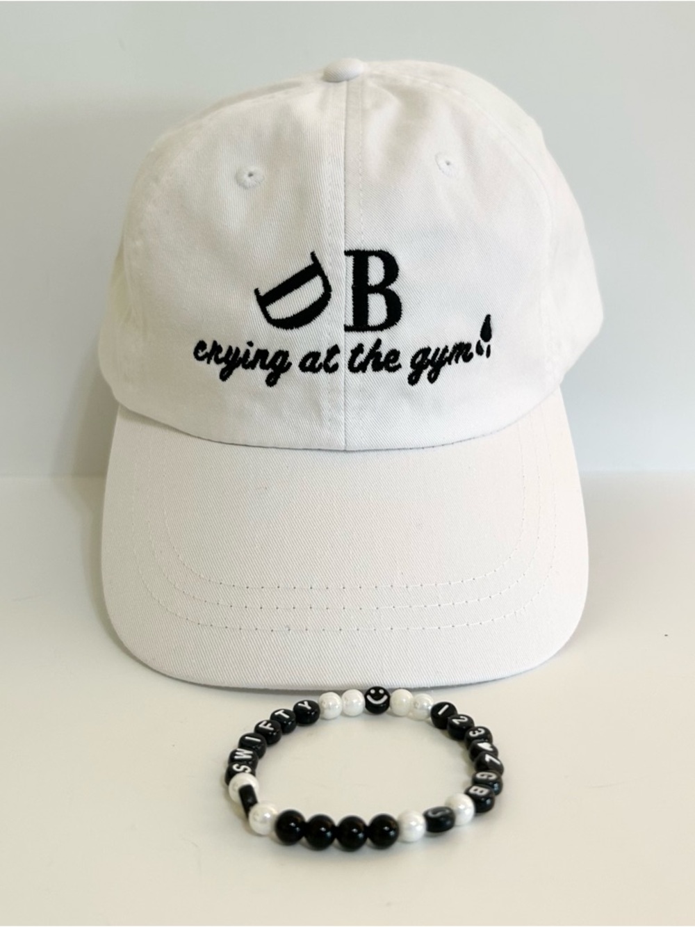 Swifty Eras TTPD Baseball Hat White w/Black Embroidery Free Friendship Bracelet